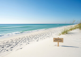 Clear sky and bright daylight on a pristine white sandy beach, a 'Preserve Our Planet' sign by the turquoise ocean, advocating environmental care