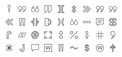 Fototapeta premium Punctuation line icon set. Vector pictograms of comma, quote, question mark, bracket, colon, semicolon, parenthesis, asterisk and speech bubble, thin outline illustration.