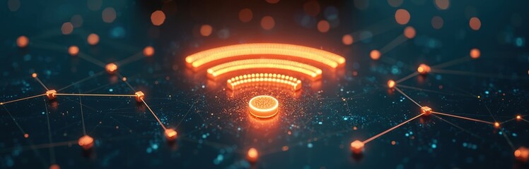 Glowing neon wifi symbol connects digital nodes and particles. Abstract network forms futuristic grid. Shows wireless data transfer, smart tech, and global communication.