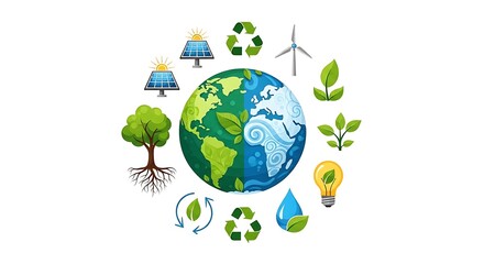 Earth Globe with Environmental Icons - A Symbol of Sustainability and Green Energy.