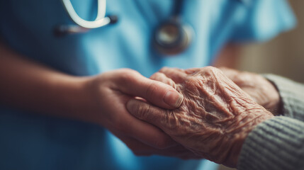 nurse holding elderly patient hand, compassionate healthcare caregiving moment, medical support and patient care
