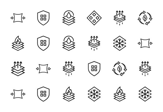 Textile and fabric property line icon set. Vector pictograms of breathability, elasticity, fire resistance, waterproof layers, cooling, and durability, thin outline illustration.