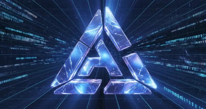 Abstract Futuristic Crystal Logo Animation with Binary Code Background.
