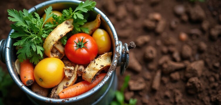Metal bucket filled with fresh kitchen scraps like tomato, carrots, and peels sits on rich garden soil. Natural fertilizer preparation, organic waste recycling for home gardens.