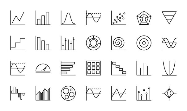 Data visualization and analytics line icon set. Vector pictograms of bar chart, line graph, scatter plot, funnel, radar, donut, and area charts, thin outline illustration.