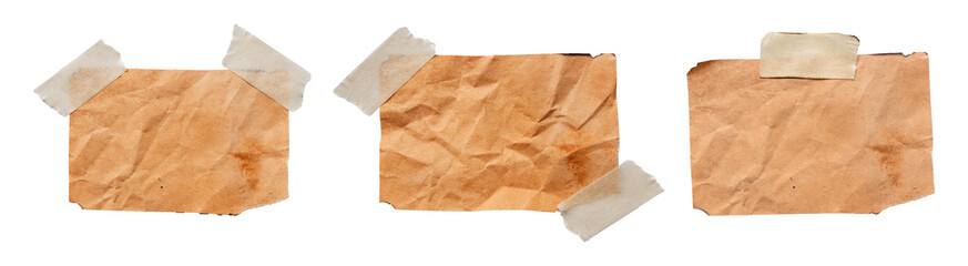 collection of old paper with paper tape isolated on white
