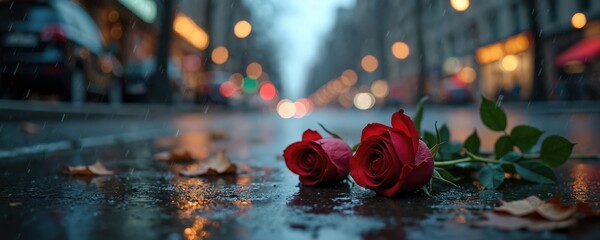 Two red roses lie on a wet city street at night during rain. Blurred car lights and buildings create a somber mood. Fallen leaves add to the atmosphere. Copy space for text.