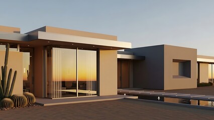 Contemporary desert home at sunset with pool and cactus landscaping