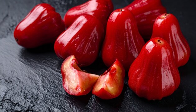 A group of glossy red wax apples, one sliced, arranged on a textured black surface.