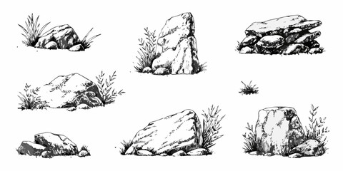 A collection of sketched rocks and stones with surrounding grassy vegetation © Sudebi