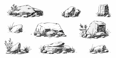 A collection of sketched rocks and stones with sparse vegetation © Sudebi