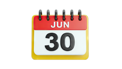 3D Calendar Icon June 30 on transparent background