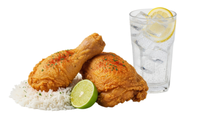 Crispy fried chicken meal with side of rice and refreshing cold drink isolated on white background