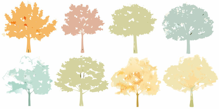 A collection of colorful stylized trees in a row digitally illustrated