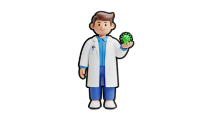 3D Cartoon scientist holding a green virus on transparent background
