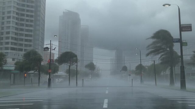 Extreme weather footage of a tropical storm flooding urban streets with intense wind gusts and dark cloudy sky in a city