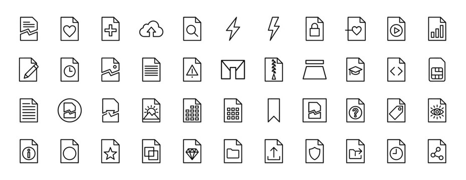 Document management icon set featuring vector pictograms of files, broken sheets, hearts, clouds, lightning, locks, folders, and statistics in a thin outline style.