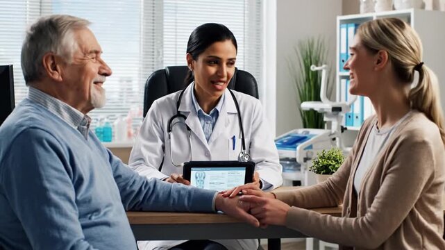 Doctor consulting with senior patient and supportive family member in a modern medical office