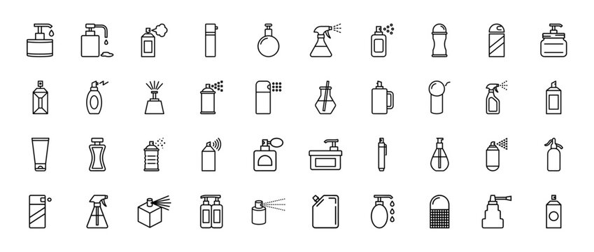 Cosmetic and cleaning spray bottle line icon set. Vector pictograms of dispensers, aerosol cans, pump jars, perfume atomizers and mist sprayers, thin outline illustration.
