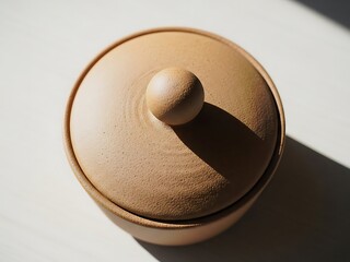 Earthenware Container with Rounded Knob in Natural Light Setting