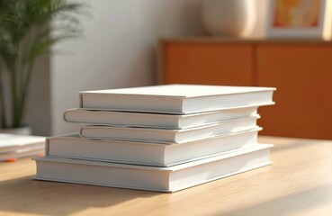 Neatly stacked white books rest on a wooden table indoors. A leafy plant sits in the background near a minimalist cabinet. Sunlight streams across the scene, illuminating the stack of literature.