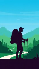 Silhouette of a Hiker with Backpack and Trekking Poles in Green Mountains