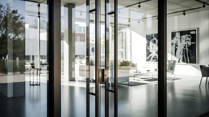 Elegant interior glimpsed through sleek, modern glass entrance doors