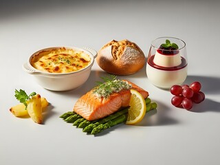 Elegant plated gourmet meal with salmon, asparagus, potato gratin and dessert