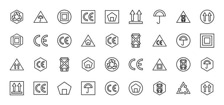 Logistics and packaging line icon set. Vector pictograms of recycling, umbrella, ce mark, house, fragile, orientation arrows, and box handling symbols, thin outline illustration.