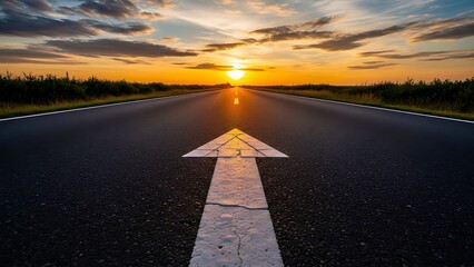 Sunset Action on Open Road with Forward Arrow Marking, Asphalt Surface, Outdoor Landscape Viewpoint, Travel Concept