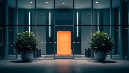 Nighttime architectural view of modern building entrance with illuminated orange door, large planters, and reflective glass facade