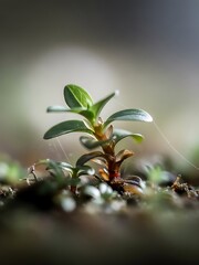 Emerging Seedling with Delicate Leaves and Webbing Strands on Soil