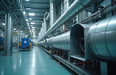 Fototapeta premium Industrial facility interior with climate control systems. Large silver pipelines, air ducts run along ceiling, walls. Fans, ventilation units manage air flow, pressure, temperature for optimal