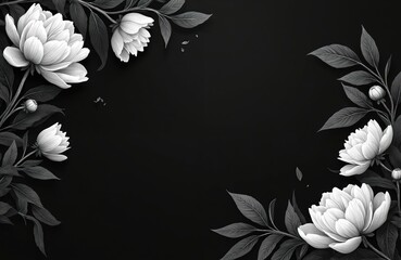 White flowers with dark leaves on black background. Floral frame for obituary notice. Sympathy, condolence, memorial, remembrance, greeting card.