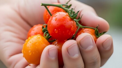 Handful of Cherry Tomatoes glistening with Fresh Water droplets