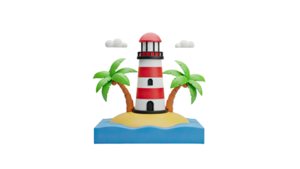 3D Cartoon Lighthouse on a Tropical Island with Palm Trees on transparent background