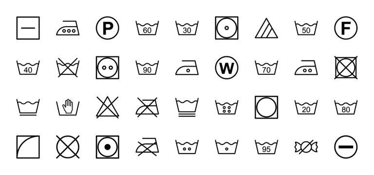 Laundry care line icon set. Vector pictograms of washing machine, iron, dryer, bleaching, dry cleaning, temperature, and hand wash symbols, black outline illustration.