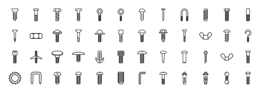 Industrial hardware and fastener line icon set. Vector pictograms of bolts, screws, nuts, nails, washers, anchors, rivets, and allen keys, thin outline illustration.