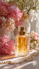 Ultra realistic luxurious high-fashion scene featuring a crystal perfume bottle filled with golden liquid, surrounded by vibrant soft pink and white flowers symbolizing joy and strength. Subtle gold 