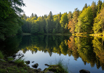 Serene forest lake reflects colorful autumn trees and clear sky in this breathtaking natural landscape, inspiring peaceful contemplation