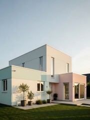 Modern Pastel Home Design with Garden Oasis Under a Serene Sky