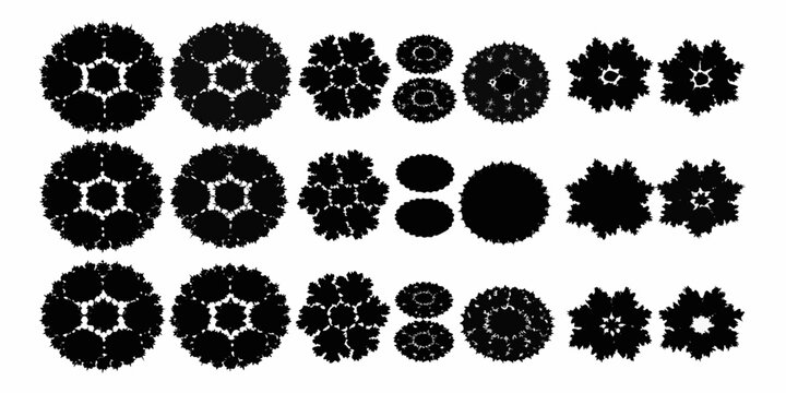 A series of black and white fractal patterns showcasing geometric complexity
