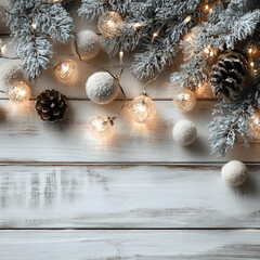 christmas lights garland on a white wooden background, with pine branches and snowballs.