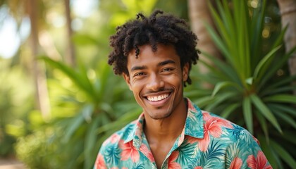 Smiling young man wears bright floral Hawaiian shirt. He has dark curly hair and poses outdoors with lush green tropical plants in the background. His expression is happy and carefree.