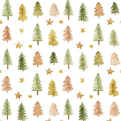 a watercolor pattern of pine trees and stars, in muted greens, golds, and browns, on a white background.