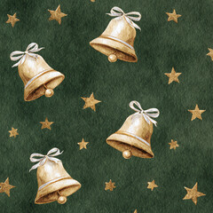 watercolor gold bells with white bows and stars on a dark green background, a seamless pattern.