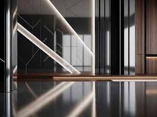 Reflective Modern Space with Angular Light Accents and Polished Surfaces