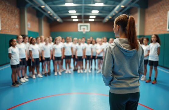 Female coach addresses group of diverse school children in gymnasium. Young students stand ready for physical education class and sports activity. Kids listen attentively, prepared for lesson.