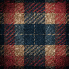 red, blue, and beige plaid-patterned background. dark, rustic colors.