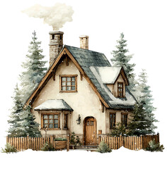 a single clipart of a cozy and rustic fairy-tale cottage surrounded by evergreen trees, with smoke rising from the chimney on an overcast winter day